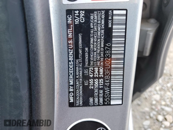 2015 Mercedes-Benz C 300 Luxury with VIN 55SWF4KB3FU023876, listed as a Copart auction lot 51646055 with 192,852 mi miles and Salvage Title. Bid and sale history available at DreamBid. Image 12.