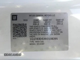 2019 Chevrolet Camaro 1LT with VIN 1G1FB3DSXK0108395, listed as a IAAI auction lot 41146697 with 64,414 mi miles. Bid and sale history available at carsss.com. Image 9.
