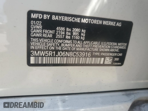 2022 BMW 3 Series 330i with VIN 3MW5R1J06N8C53916, listed as a Copart auction lot 57076285 with 64,150 mi miles and Non repairable. Bid and sale history available at DreamBid. Image 12.