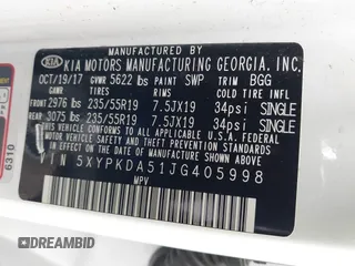 2018 Kia Sorento SX with VIN 5XYPKDA51JG405998, listed as a IAAI auction lot 41837641 with 138,909 mi miles and . Bid and sale history available at carsss.com. Image 9.