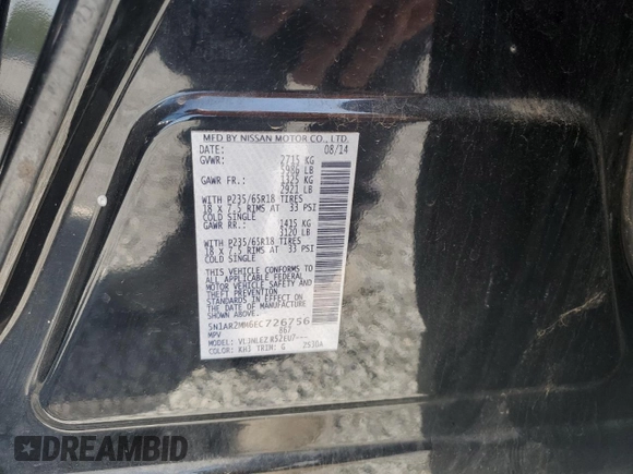 2014 Nissan Pathfinder Platinum with VIN 5N1AR2MM6EC726756, listed as a Copart auction lot 52935495 with 127,187 mi miles and Salvage Title. Bid and sale history available at carsss.com. Image 13.