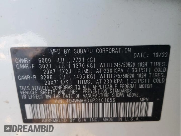2023 Subaru Ascent Limited z VIN 4S4WMASD4P3401656, wystawiony jako Copart lot #41829815 z przebiegiem Nie podano mil oraz Nie do naprawy • Non repairable. Historia ofert i sprzedaży dostępna na DreamBid. Obrazek 16.