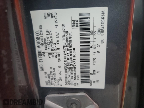2015 Ford Transit Connect XLT with VIN NM0GE9F7XF1196358, listed as a Copart auction lot 51522205 with 198,102 mi miles and Salvage title. Bid and sale history available at DreamBid. Image 13.