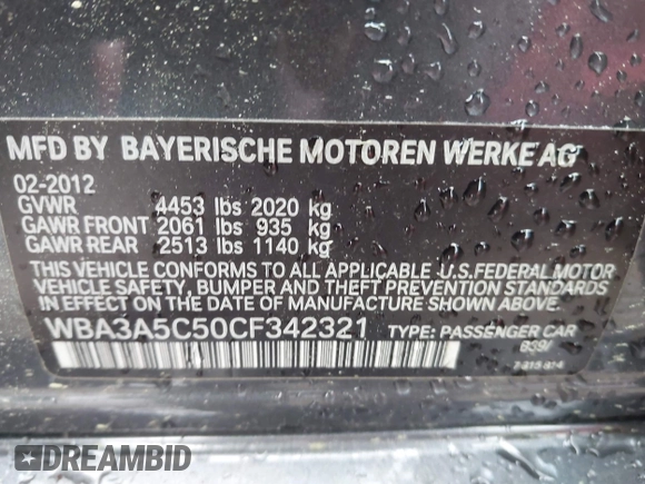 2012 BMW 3 Series 328i with VIN WBA3A5C50CF342321, listed as a IAAI auction lot 41914770 with 185,315 mi miles. Bid and sale history available at carsss.com. Image 9.