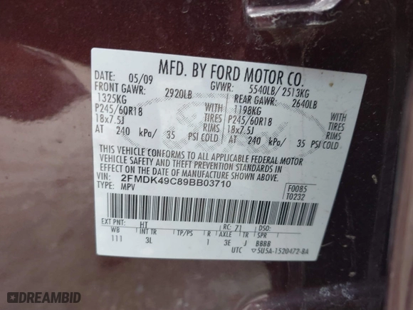 2009 Ford Edge Limited with VIN 2FMDK49C89BB03710, listed as a IAAI auction lot 41876833 with 202,157 mi miles. Bid and sale history available at carsss.com. Image 9.