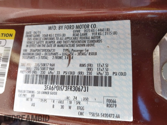 2015 Ford Fusion SE z VIN 3FA6P0H73FR306731, wystawiony jako IAAI lot #42149496 z przebiegiem Nie podano mil oraz . Historia ofert i sprzedaży dostępna na DreamBid. Obrazek 9.