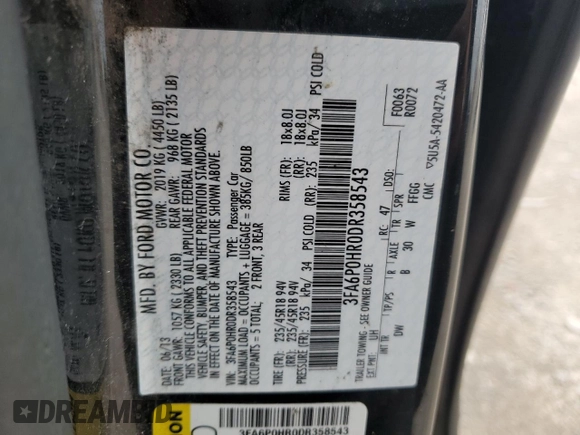 2013 Ford Fusion SE with VIN 3FA6P0HR0DR358543, listed as a Copart auction lot 60919215 with Not provided miles and Salvage title. Bid and sale history available at DreamBid. Image 12.