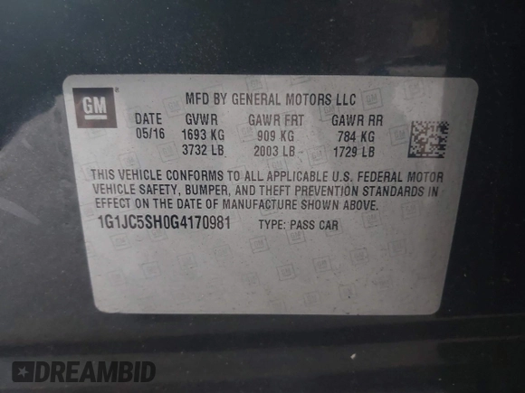 2016 Chevrolet Sonic LT z VIN 1G1JC5SH0G4170981, wystawiony jako IAAI lot #42576425 z przebiegiem 169 102 mil mil oraz . Historia ofert i sprzedaży dostępna na DreamBid. Obrazek 9.