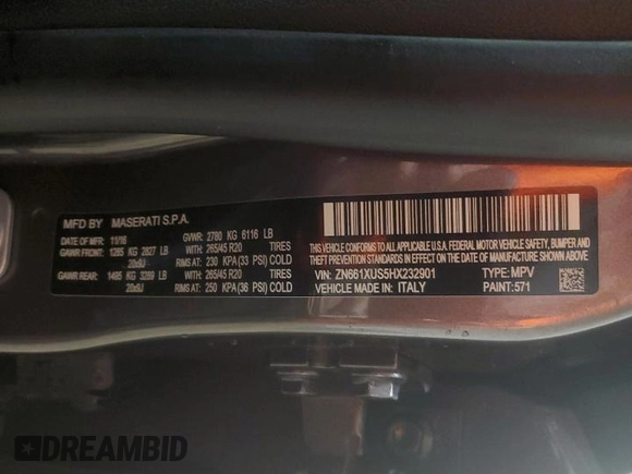 2017 Maserati Levante with VIN ZN661XUS5HX232901, listed as a Copart auction lot 62408945 with Not provided miles and Salvage title. Bid and sale history available at DreamBid. Image 13.