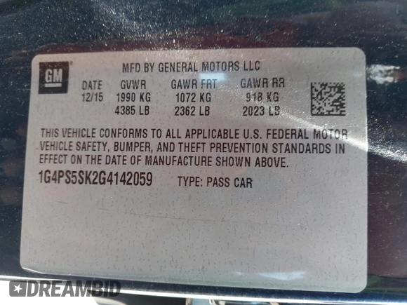 2016 Buick Verano Group with VIN 1G4PS5SK2G4142059, listed as a IAAI auction lot 42462515 with 190,518 mi miles and . Bid and sale history available at DreamBid. Image 9.