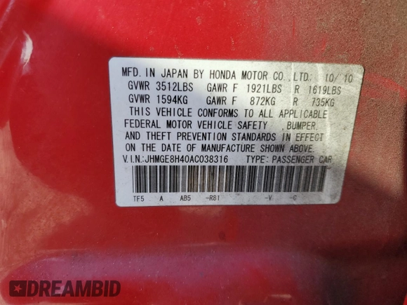 2010 Honda Fit Sport with VIN JHMGE8H40AC038316, listed as a Copart auction lot 42264035 with 169,797 mi miles and Salvage title. Bid and sale history available at DreamBid. Image 13.