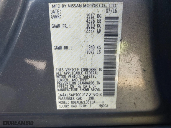 2016 Nissan Altima 2.5 SL with VIN 1N4AL3AP3GC272503, listed as a IAAI auction lot 41288367 with 132,269 mi miles. Bid and sale history available at carsss.com. Image 9.