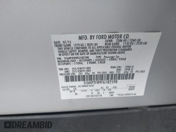 2015 Ford Taurus Limited with VIN 1FAHP2F89FG182598, listed as a IAAI auction lot 42222372 with 124,627 mi miles and . Bid and sale history available at DreamBid. Image 9.