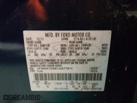 2012 Ford Explorer XLT z VIN 1FMHK7D98CGA77611, wystawiony jako Copart lot #87295644 z przebiegiem Nie podano mil oraz Szkoda całkowita • Salvage title. Historia ofert i sprzedaży dostępna na DreamBid. Obrazek 14.