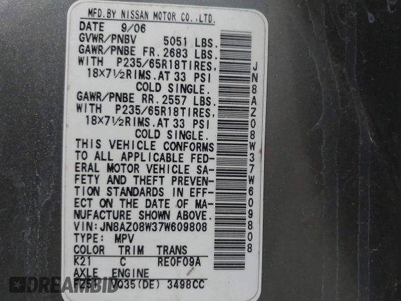 2007 Nissan Murano SL z VIN JN8AZ08W37W609808, wystawiony jako IAAI lot #42239661 z przebiegiem Nie podano mil oraz . Historia ofert i sprzedaży dostępna na DreamBid. Obrazek 9.