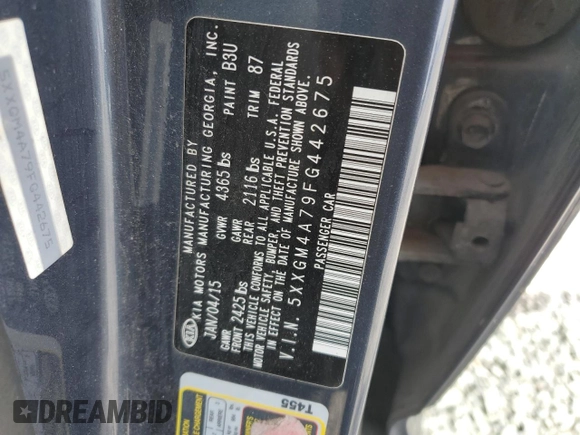 2015 Kia Optima LX with VIN 5XXGM4A79FG442675, listed as a Copart auction lot 52698895 with 136,600 mi miles and Non repairable. Bid and sale history available at DreamBid. Image 12.
