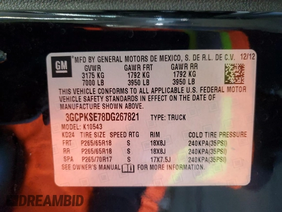 2013 Chevrolet Silverado 1500 LT with VIN 3GCPKSE78DG267821, listed as a Copart auction lot 53720625 with 108,883 mi miles and Salvage Title. Bid and sale history available at DreamBid. Image 12.