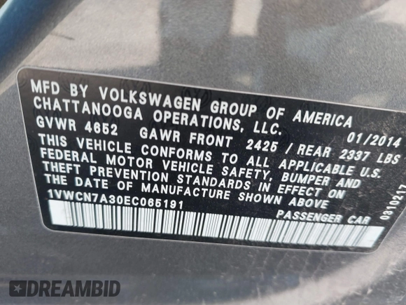 2014 Volkswagen Passat TDI SEL Premium with VIN 1VWCN7A30EC065191, listed as a IAAI auction lot 41860810 with 275,430 mi miles. Bid and sale history available at carsss.com. Image 9.