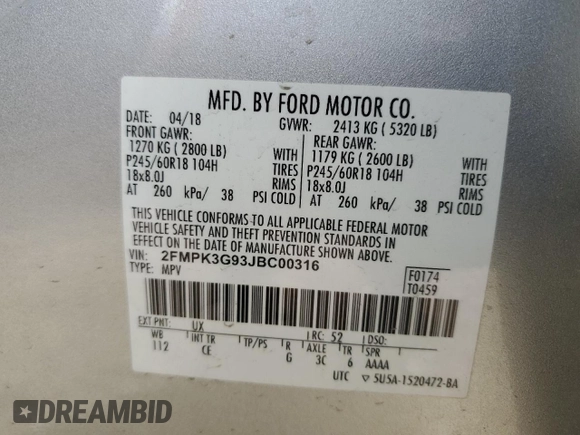 2018 Ford Edge SE with VIN 2FMPK3G93JBC00316, listed as a Copart auction lot 45585175 with 106,982 mi miles and Salvage title. Bid and sale history available at DreamBid. Image 15.