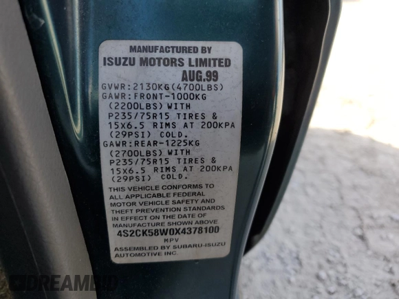 1999 Isuzu Rodeo S with VIN 4S2CK58W0X4378100, listed as a Copart auction lot 78462184 with Not provided miles and Salvage title. Bid and sale history available at DreamBid. Image 14.