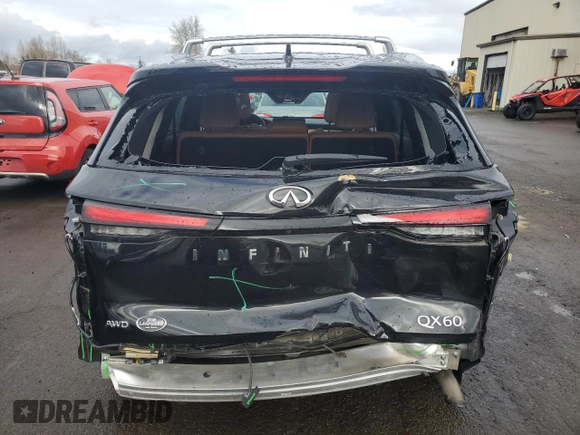 2023 Infiniti QX60 Sensory with VIN 5N1DL1GSXPC353226, listed as a Copart auction lot 44150355 with 17,125 mi miles and Salvage title. Bid and sale history available at DreamBid. Image 6.