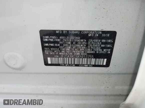 2019 Subaru Forester Special Sports с VIN JF2SKAKC6KH453755, выставлен на аукционе IAAI как лот 42611021 с пробегом 80 278 миль миль и . История ставок и продаж доступна на DreamBid. Изображение 9.