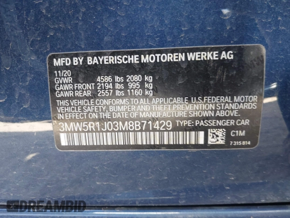 2021 BMW 3 Series 330i z VIN 3MW5R1J03M8B71429, wystawiony jako IAAI lot #42290683 z przebiegiem Nie podano mil oraz . Historia ofert i sprzedaży dostępna na DreamBid. Obrazek 9.