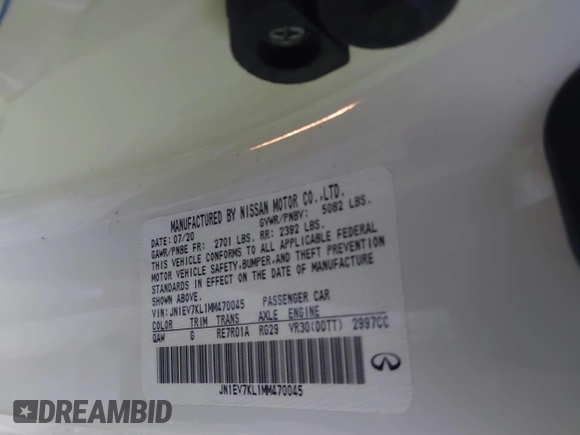 2021 Infiniti Q60 Luxe with VIN JN1EV7KL1MM470045, listed as a IAAI auction lot 41337676 with 11,154 mi miles and . Bid and sale history available at DreamBid. Image 9.