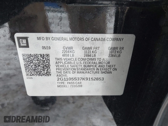 2019 Chevrolet Impala Premier with VIN 2G1105S37K9152853, listed as a IAAI auction lot 41570861 with 102,571 mi miles and . Bid and sale history available at DreamBid. Image 9.