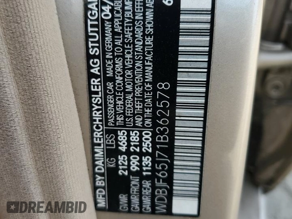 2001 Mercedes-Benz E-Class with VIN WDBJF65J71B362578, listed as a Copart auction lot 72223814 with 0 mi miles and Clean Title. Bid and sale history available at carsss.com. Image 12.