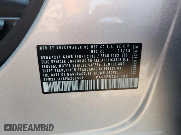 2015 Volkswagen Jetta S with VIN 3VW2K7AJ6FM282554, listed as a Copart auction lot 64866165 with 132,542 mi miles and Clean title. Bid and sale history available at DreamBid. Image 12.