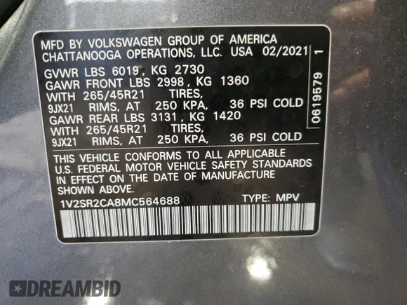 2021 Volkswagen Atlas SEL R-Line с VIN 1V2SR2CA8MC564688, выставлен на аукционе Copart как лот 76611204 с пробегом 50 245 миль миль и Списание • Salvage title. История ставок и продаж доступна на DreamBid. Изображение 13.