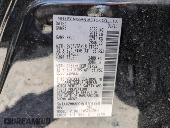 2013 Nissan Pathfinder Platinum with VIN 5N1AR2MM8DC635468, listed as a Copart auction lot 61009425 with 171,230 mi miles and Clean title. Bid and sale history available at DreamBid. Image 13.