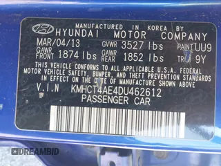 2013 Hyundai Accent GLS with VIN KMHCT4AE4DU462612, listed as a IAAI auction lot 41757907 with 177,171 mi miles. Bid and sale history available at carsss.com. Image 9.