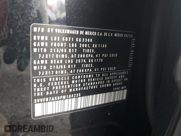 2023 Volkswagen Tiguan S with VIN 3VVFB7AX6PM104235, listed as a Copart auction lot 86537514 with 16,106 mi miles and Salvage title. Bid and sale history available at DreamBid. Image 13.