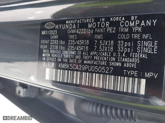 2023 Hyundai Kona Limited with VIN KM8K5CA39PU050527, listed as a IAAI auction lot 41165084 with 17,513 mi miles. Bid and sale history available at carsss.com. Image 9.