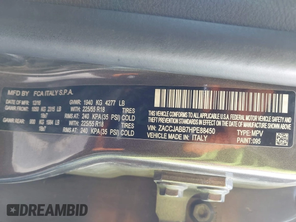2017 Jeep Renegade Altitude z VIN ZACCJABB7HPE88450, wystawiony jako IAAI lot #41785466 z przebiegiem 119 370 mil mil oraz . Historia ofert i sprzedaży dostępna na DreamBid. Obrazek 9.