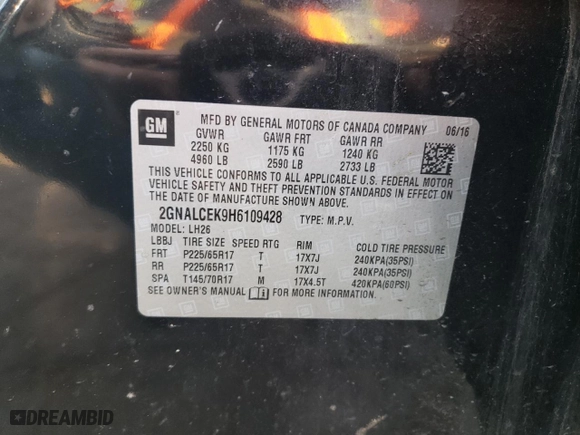2017 Chevrolet Equinox LT with VIN 2GNALCEK9H6109428, listed as a Copart auction lot 74821594 with 999,999 mi miles and Clean Title. Bid and sale history available at carsss.com. Image 13.