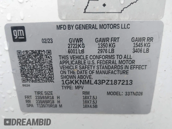 2023 GMC Acadia SLT with VIN 1GKKNML43PZ187213, listed as a IAAI auction lot 41776856 with 45,319 mi miles and . Bid and sale history available at DreamBid. Image 9.