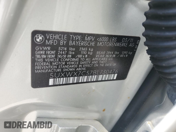 2011 BMW X3 35i with VIN 5UXWX7C57BL730476, listed as a Copart auction lot 54120405 with 179,745 mi miles and Clean Title. Bid and sale history available at DreamBid. Image 13.
