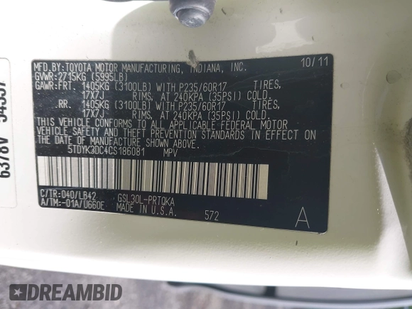 2012 Toyota Sienna XLE AAS with VIN 5TDYK3DC4CS186081, listed as a IAAI auction lot 42481131 with 187,849 mi miles and . Bid and sale history available at DreamBid. Image 9.