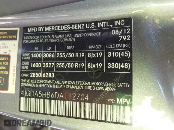 2013 Mercedes-Benz M 350 with VIN 4JGDA5HB6DA112704, listed as a IAAI auction lot 42751283 with 128,806 mi miles and . Bid and sale history available at DreamBid. Image 9.