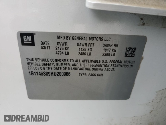 2017 Chevrolet Impala Premier with VIN 1G1145S39HU200966, listed as a Copart auction lot 57333045 with 86,301 mi miles and Salvage title. Bid and sale history available at DreamBid. Image 12.