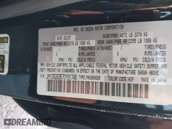 2007 Mazda 5 Touring with VIN JM1CR293570151745, listed as a IAAI auction lot 40747058 with 158,796 mi miles and . Bid and sale history available at DreamBid. Image 9.