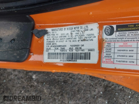 2011 Nissan 370Z Touring z VIN JN1AZ4EH6BM554805, wystawiony jako IAAI lot #41271462 z przebiegiem Nie podano mil oraz . Historia ofert i sprzedaży dostępna na DreamBid. Obrazek 9.