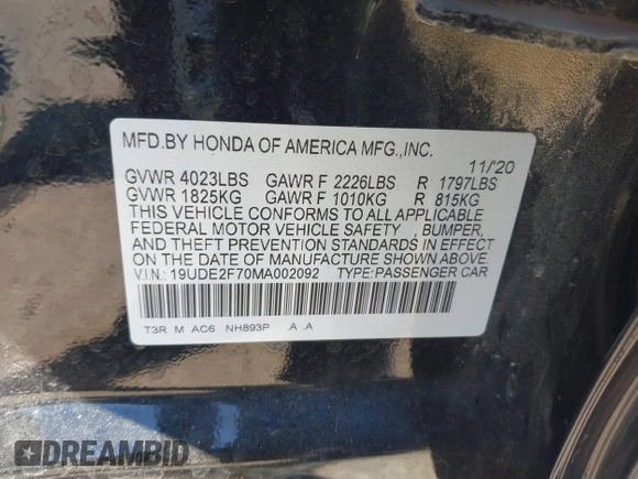 2021 Acura ILX w/Premium Package with VIN 19UDE2F70MA002092, listed as a IAAI auction lot 41867326 with 46,411 mi miles. Bid and sale history available at carsss.com. Image 9.