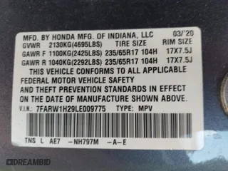 2020 Honda CR-V LX with VIN 7FARW1H29LE009775, listed as a IAAI auction lot 41571693 with 60,794 mi miles. Bid and sale history available at carsss.com. Image 9.