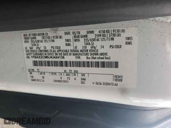 2018 Ford Transit Passenger XL z VIN 1FBAX2CM8JKA84136, wystawiony jako Copart lot #56223685 z przebiegiem 174 469 mil mil oraz Szkoda całkowita • Salvage title. Historia ofert i sprzedaży dostępna na DreamBid. Obrazek 13.