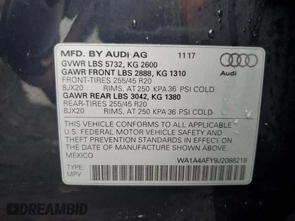 2018 Audi SQ5 Premium Plus with VIN WA1A4AFY9J2088218, listed as a Copart auction lot 66580264 with 53,815 mi miles and Salvage Title. Bid and sale history available at DreamBid. Image 13.