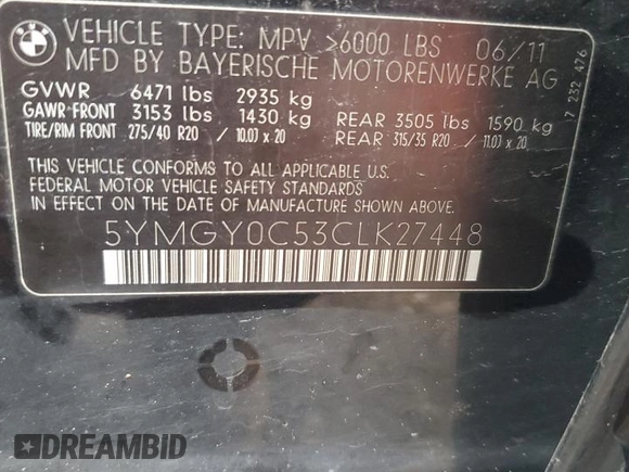 2012 BMW X5 M with VIN 5YMGY0C53CLK27448, listed as a Copart auction lot 80757454 with 146,435 mi miles and Salvage Title. Bid and sale history available at carsss.com. Image 13.
